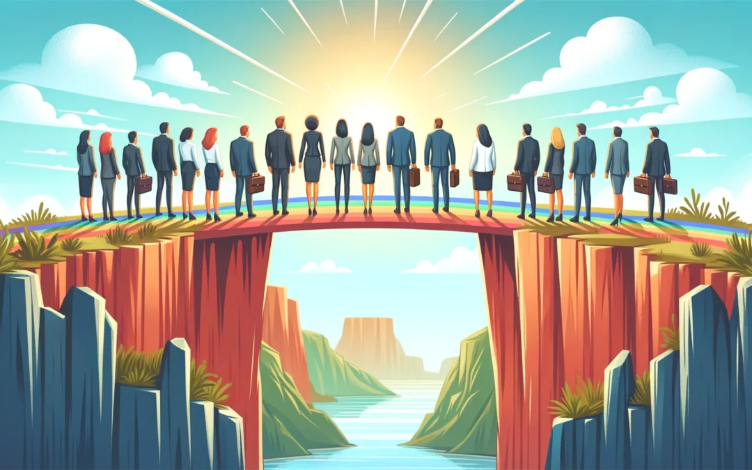 Group of entrepreneurs standing on a bridge watching the sun rise.