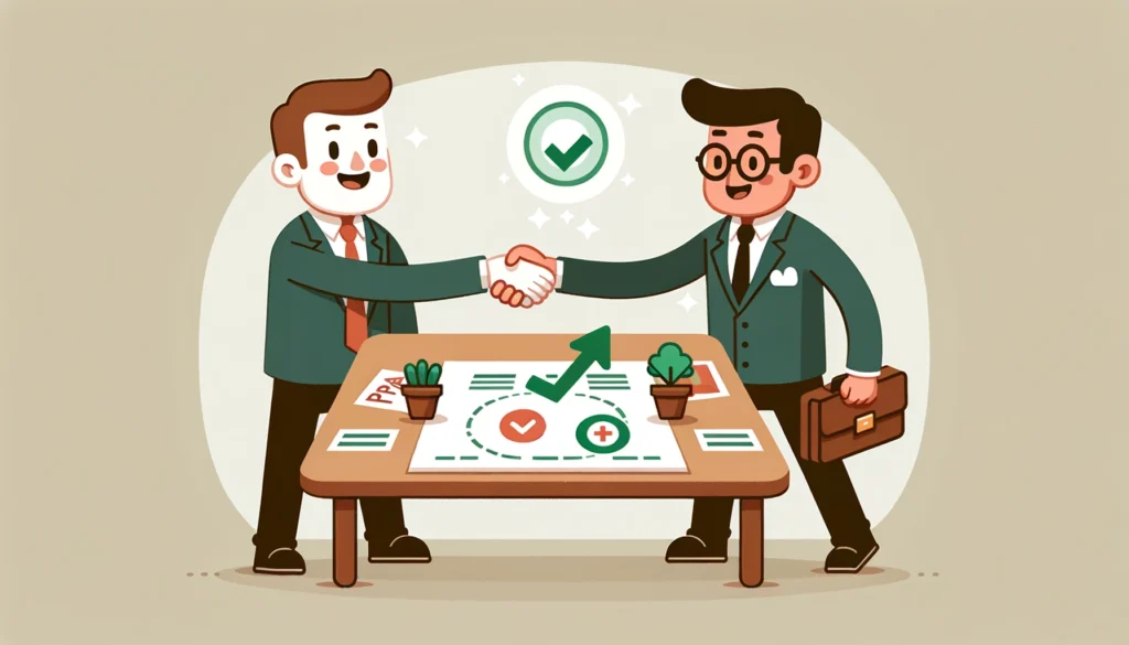 A cartoon depiction of a business coach and a business owner shaking hands over a table, with a successful plan laid out in front of them, representing a successful partnership and agreement.