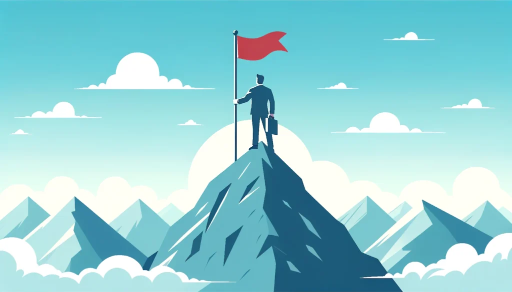 A cartoon image of a business person standing triumphantly on the peak of a mountain with a flag, gazing out over the horizon, symbolizing the achievement of business goals and success.