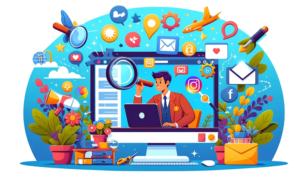 a small business owner using digital platforms to reach a wide audience, surrounded by digital marketing tools icons.