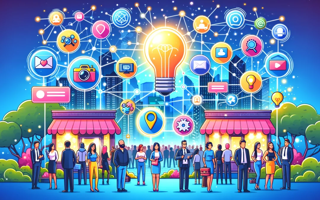 a cartoon vector illustration representing a bustling digital marketplace with diverse entrepreneurs and their virtual shops, set against a vibrant digital cityscape.