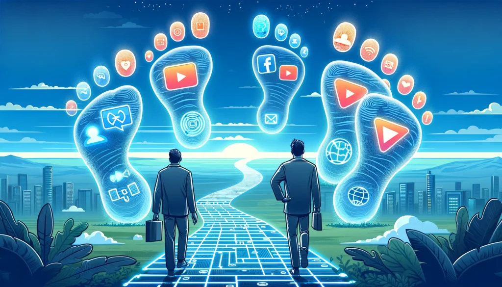 Entrepreneurs explore glowing digital footprints filled with social media and web icons on a path through a digital landscape, leading towards a future of enhanced online presence.
