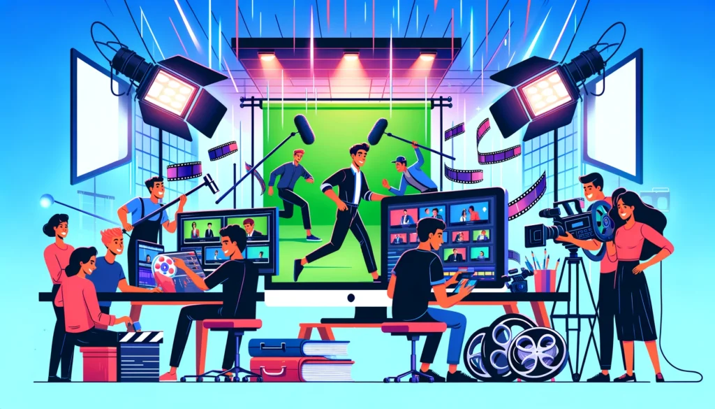 Entrepreneurs in a lively video production studio create content using the latest equipment, with animation, green screen setup, and editing activities highlighted amid creative chaos.