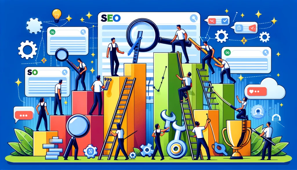 Entrepreneurs climb a giant SEO-themed bar graph, using ladders and ropes towards a trophy labeled "Top Search Results," set against a digital city backdrop.