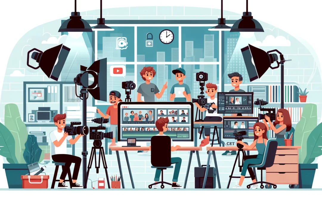 Cartoon vector illustration of small business owners in a video production studio with cameras, lighting, and editing software.