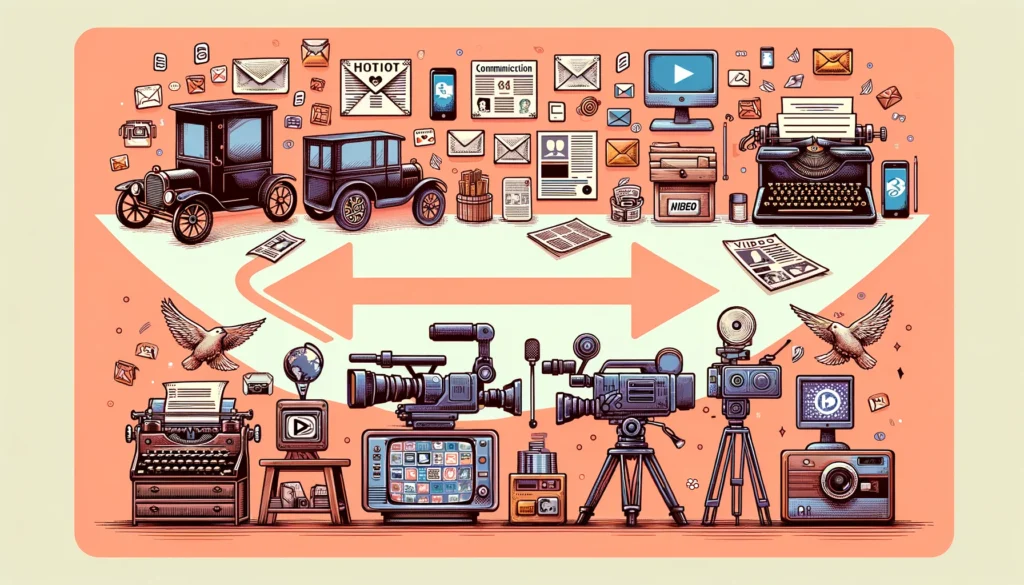 Cartoon vector illustration of a timeline transitioning from traditional print and mail communication to modern video production and social media platforms.