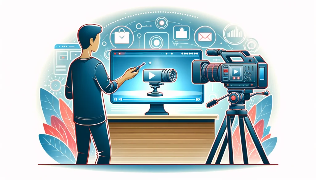 Cartoon vector illustration of a person filming a product demo with professional equipment, against a backdrop symbolizing digital reach.